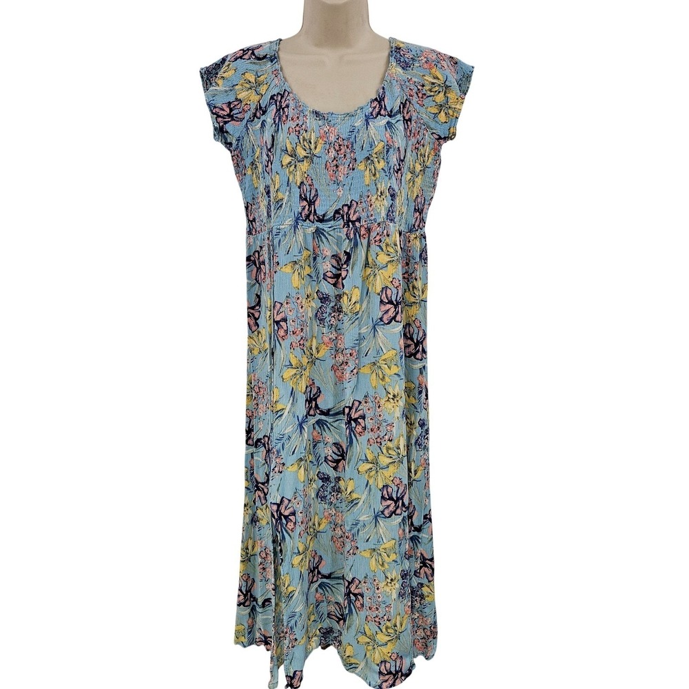 Soft Surroundings Maxi Dress Women L Blue Floral‎ Crinkle Knit Sundress Cottage